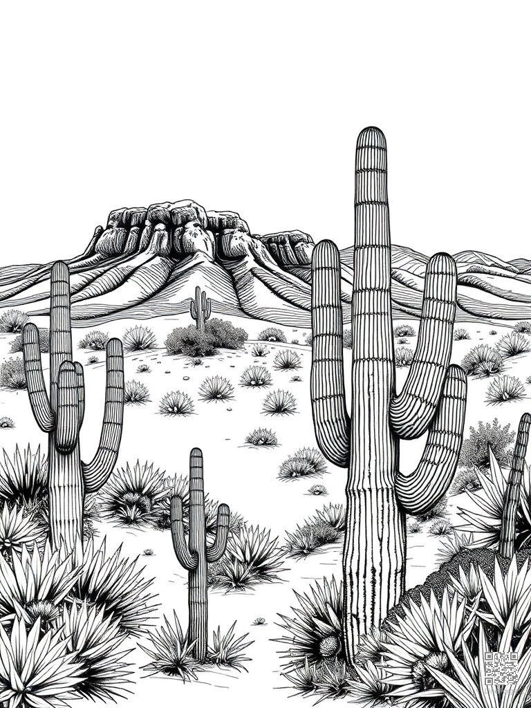Desert landscape with saguaro cacti and mesa coloring page Crosshatch style free printable
