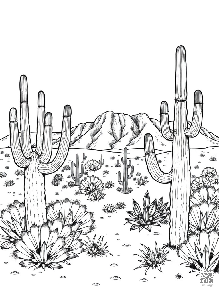 Desert landscape with saguaro cacti and mesa coloring page Manga style free printable