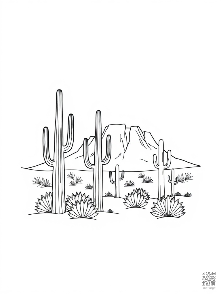 Desert landscape with saguaro cacti and mesa coloring page Minimal style free printable