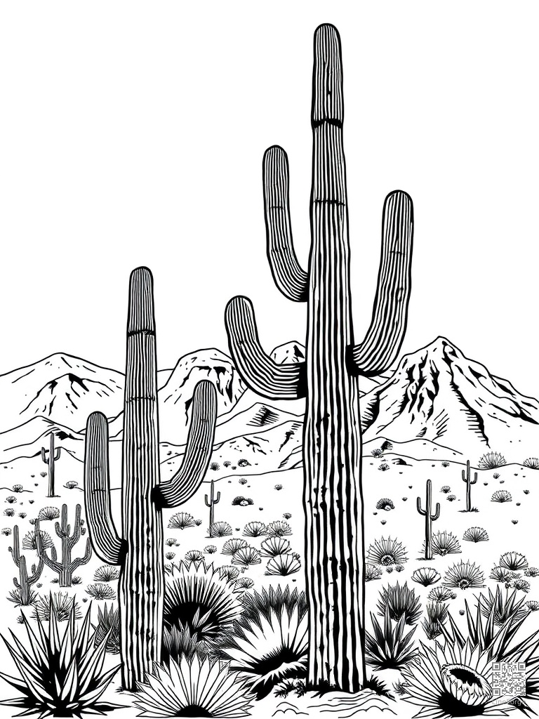 Desert landscape with saguaro cacti and mesa coloring page Woodcut style free printable