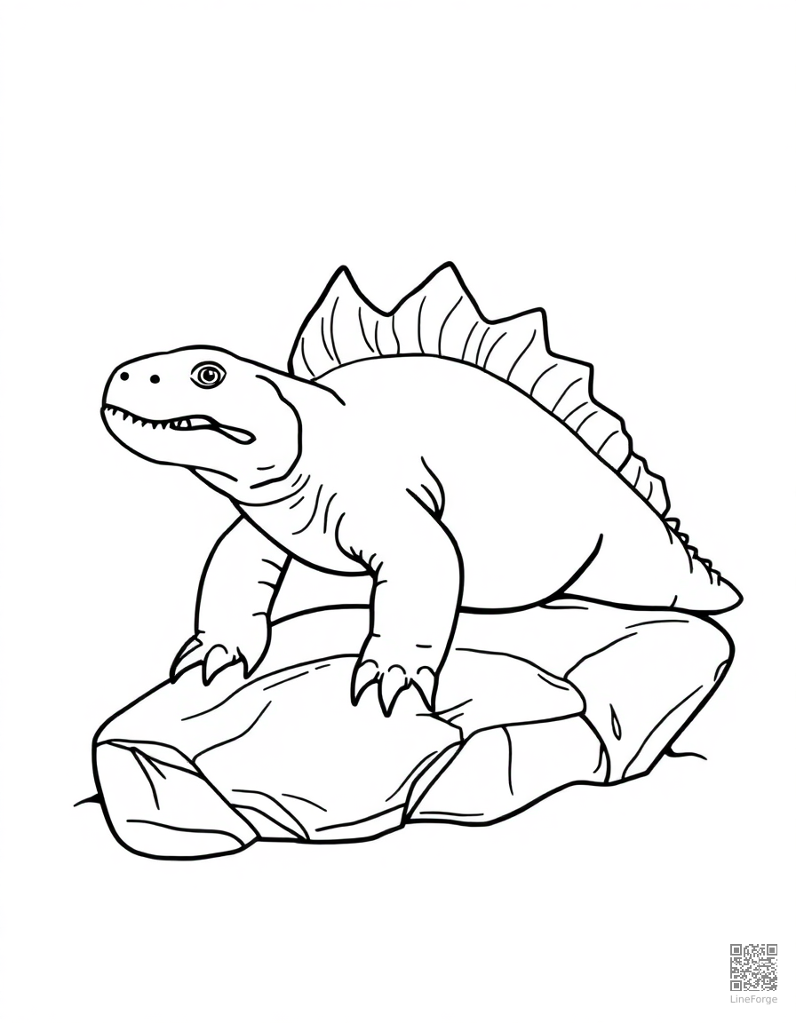 dimetrodon basking on a rock coloring page Contour style - free printable