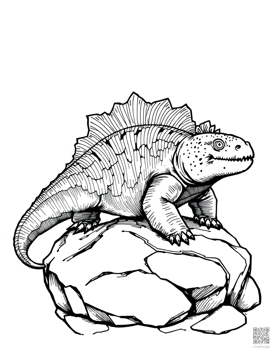 dimetrodon basking on a rock coloring page Crosshatch style - free printable