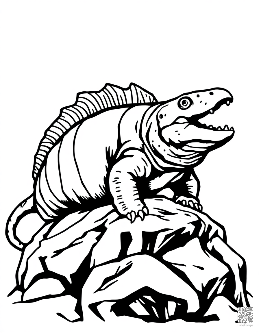 dimetrodon basking on a rock coloring page Woodcut style - free printable