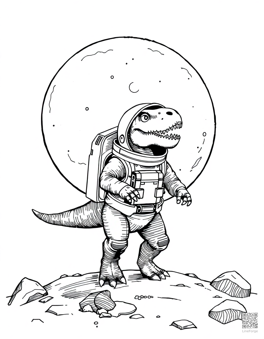 dinosaur astronaut on the moon coloring page Crosshatch style - free printable