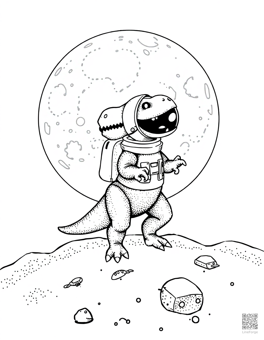 dinosaur astronaut on the moon coloring page Stipple style - free printable
