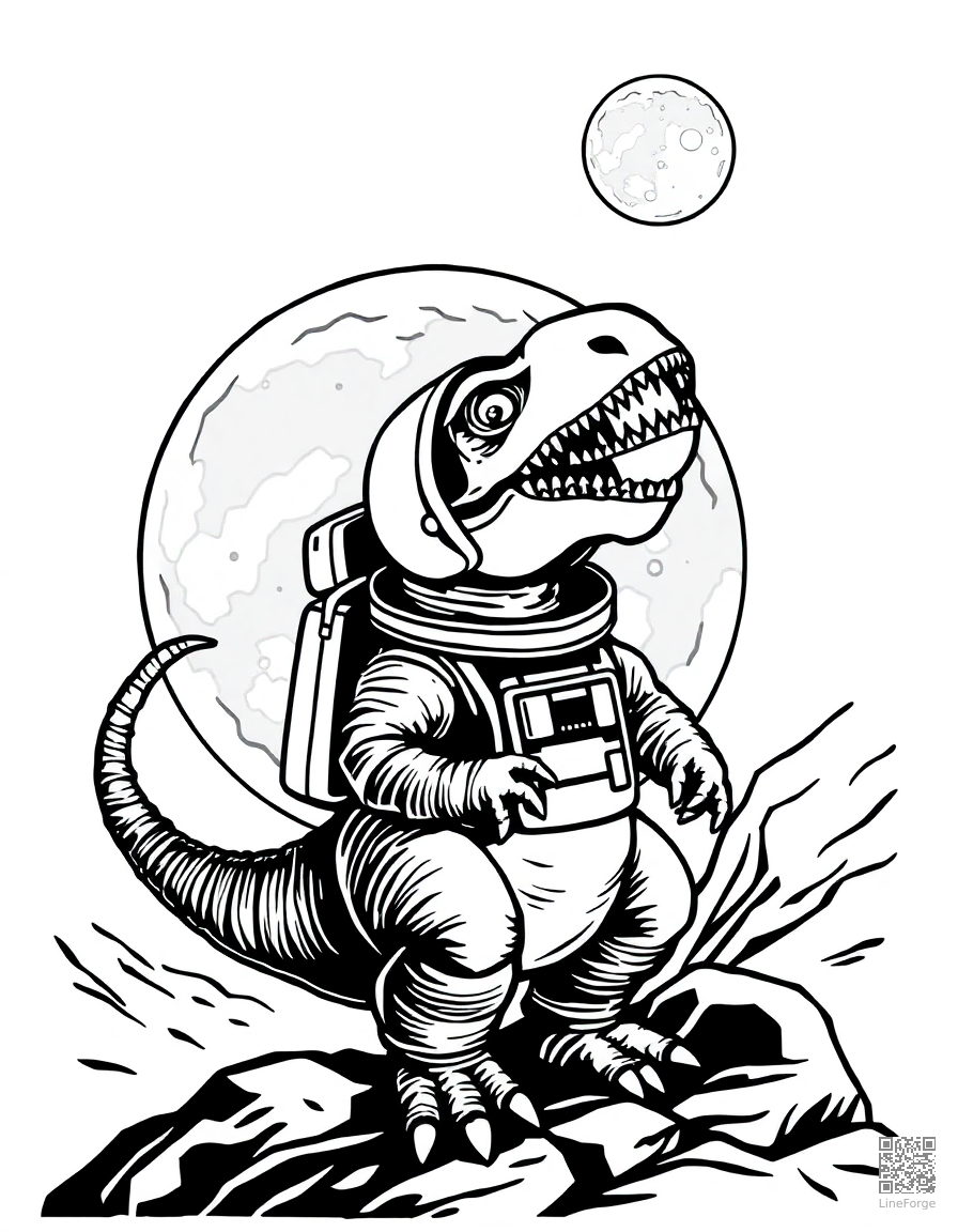 dinosaur astronaut on the moon coloring page Woodcut style - free printable