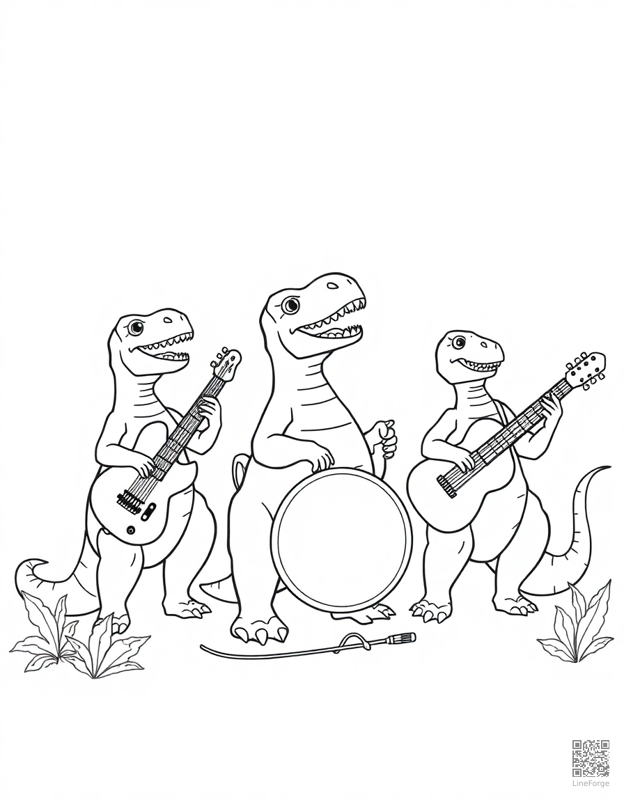 dinosaur band playing musical instruments coloring page Contour style - free printable