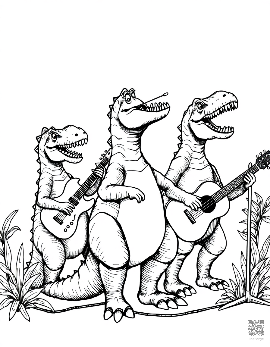 dinosaur band playing musical instruments coloring page Crosshatch style - free printable