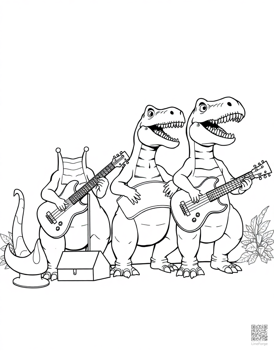 dinosaur band playing musical instruments coloring page Manga style - free printable