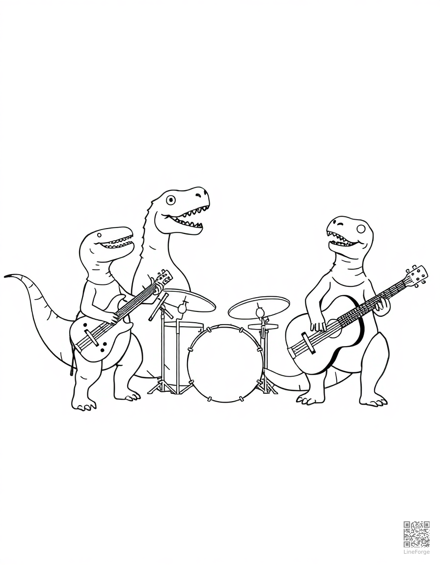 dinosaur band playing musical instruments coloring page Minimal style - free printable