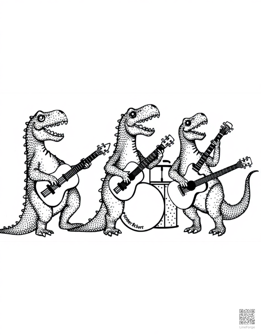 dinosaur band playing musical instruments coloring page Stipple style - free printable