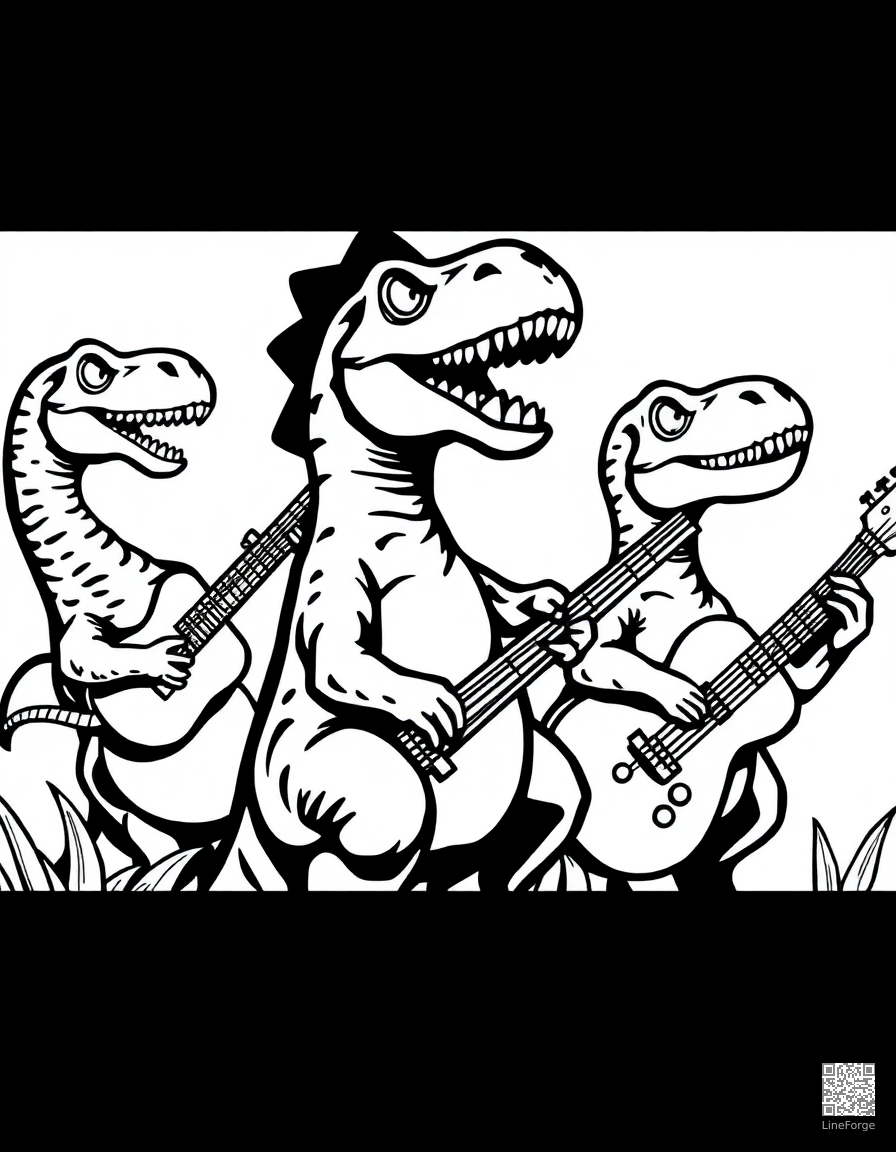 dinosaur band playing musical instruments coloring page Woodcut style - free printable