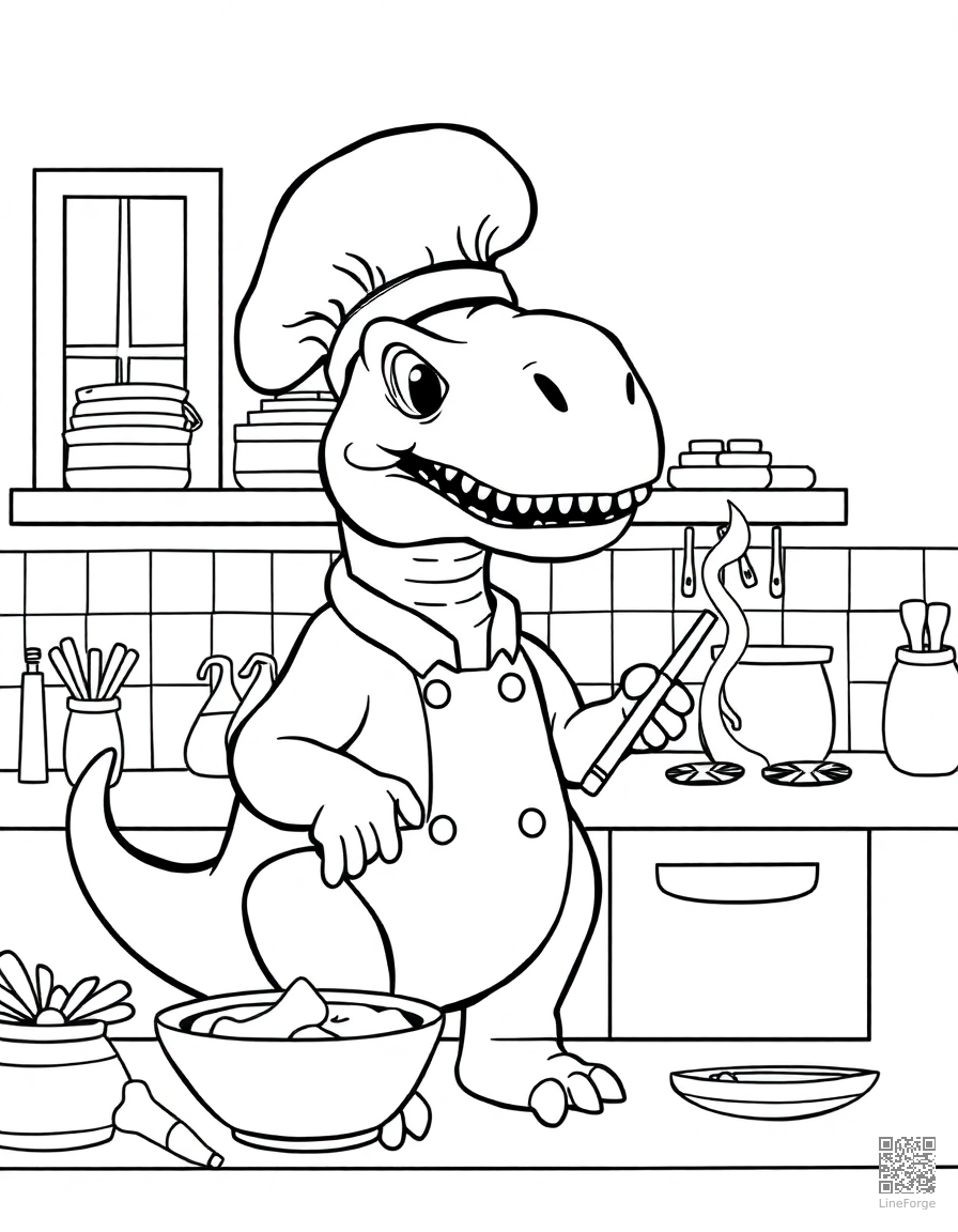 dinosaur chef cooking in a kitchen coloring page Contour style - free printable