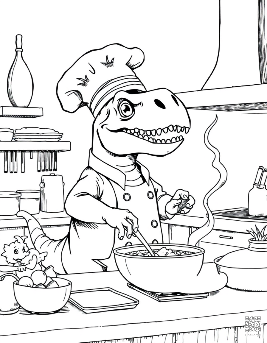 dinosaur chef cooking in a kitchen coloring page Crosshatch style - free printable