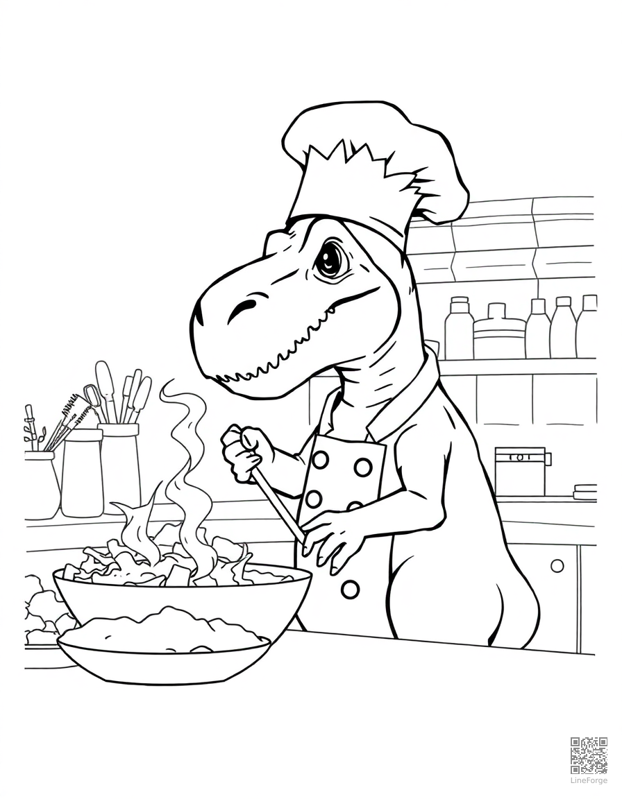 dinosaur chef cooking in a kitchen coloring page Manga style - free printable