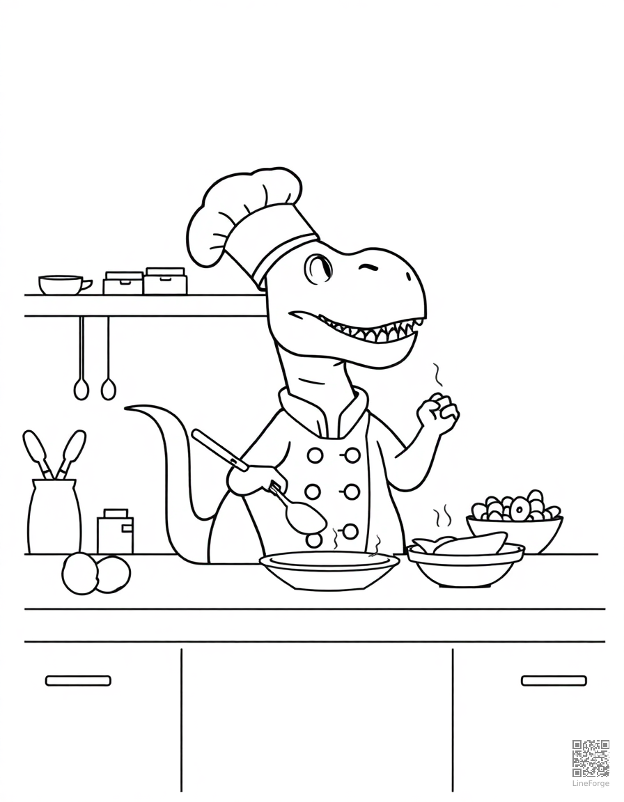 dinosaur chef cooking in a kitchen coloring page Minimal style - free printable