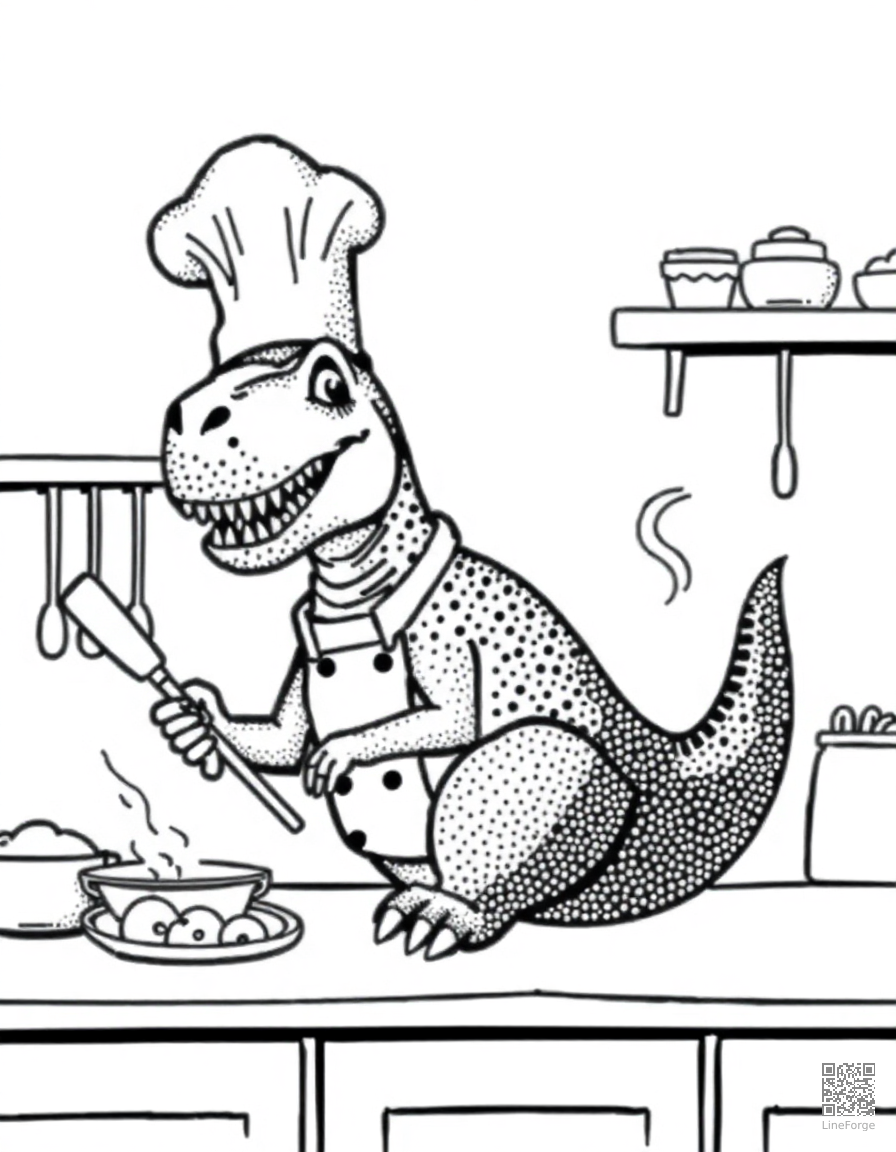 dinosaur chef cooking in a kitchen coloring page Stipple style - free printable
