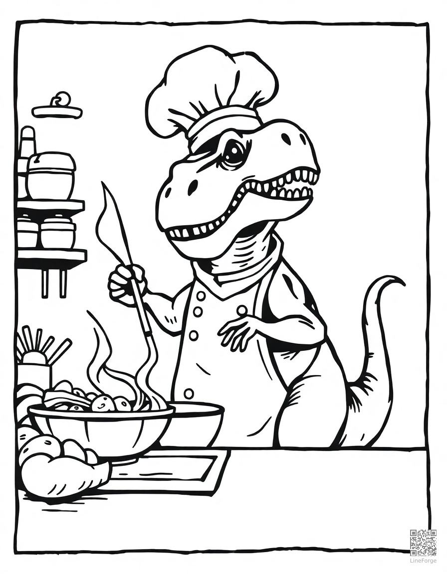 dinosaur chef cooking in a kitchen coloring page Woodcut style - free printable