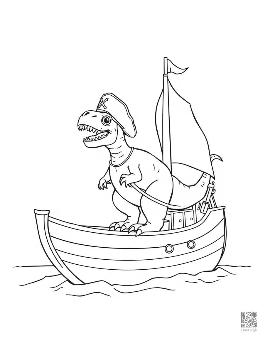 Free dinosaur pirate on a ship coloring page in contour style — printable line art
