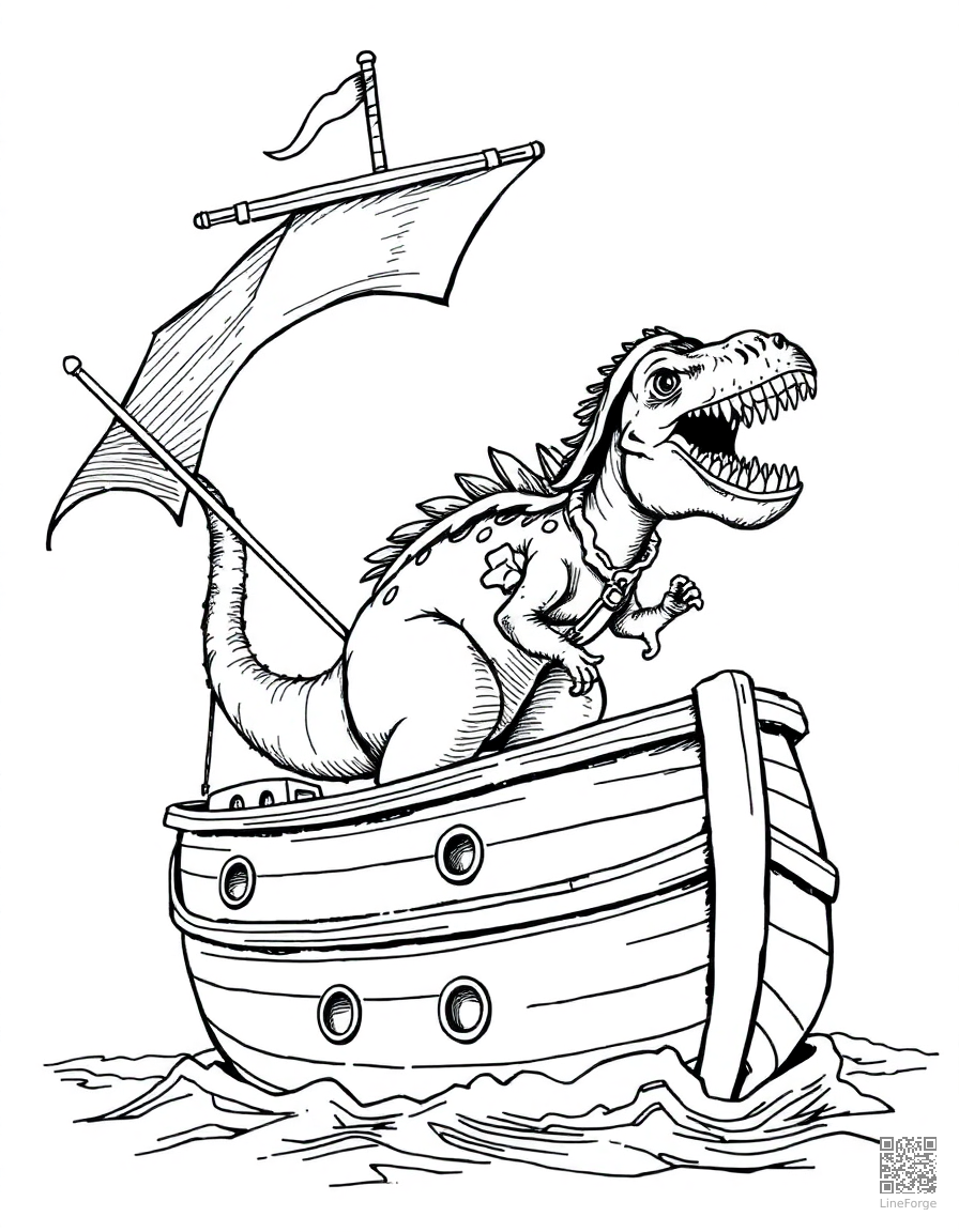 Free dinosaur pirate on a ship coloring page in crosshatch style — printable line art