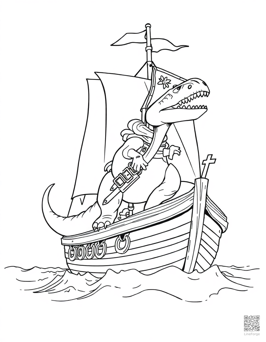 Free dinosaur pirate on a ship coloring page in manga style — printable line art