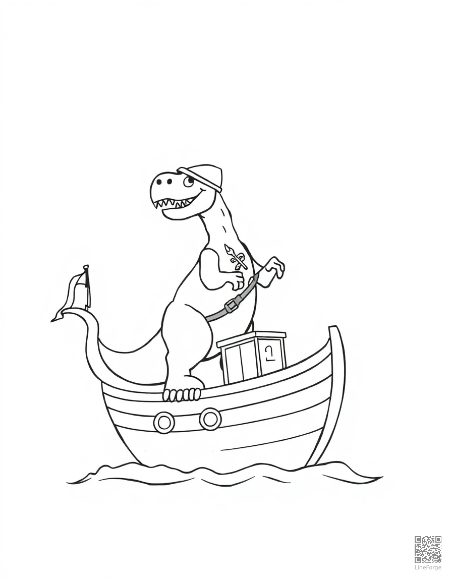 Free dinosaur pirate on a ship coloring page in minimal style — printable line art
