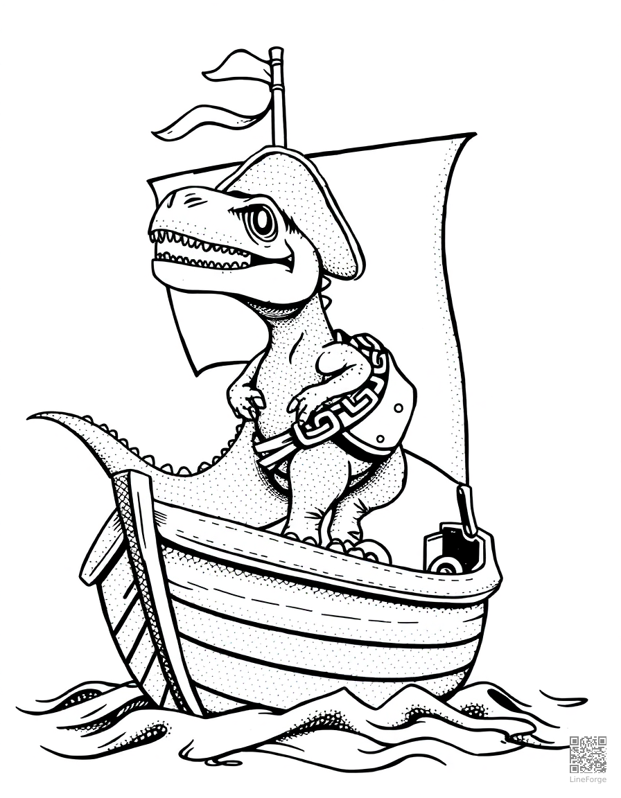 Free dinosaur pirate on a ship coloring page in stipple style — printable line art