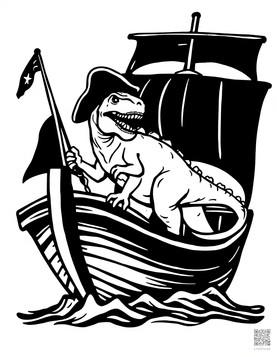 Free dinosaur pirate on a ship coloring page in woodcut style — printable line art