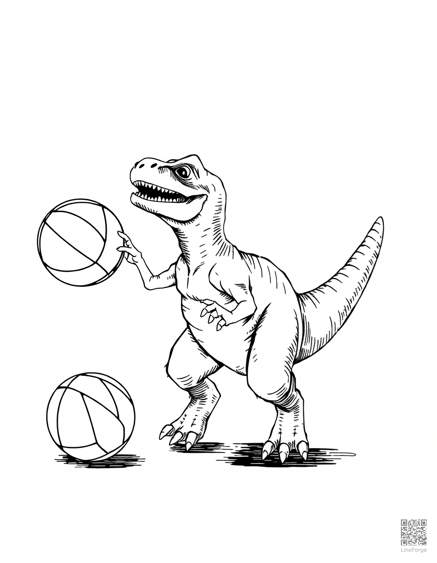 dinosaur playing basketball coloring page Crosshatch style - free printable