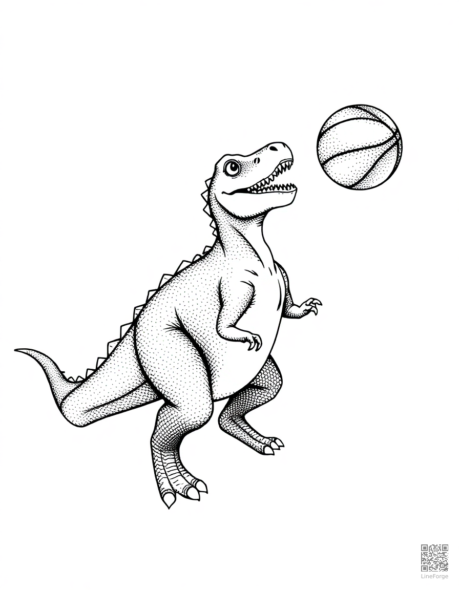 dinosaur playing basketball coloring page Stipple style - free printable