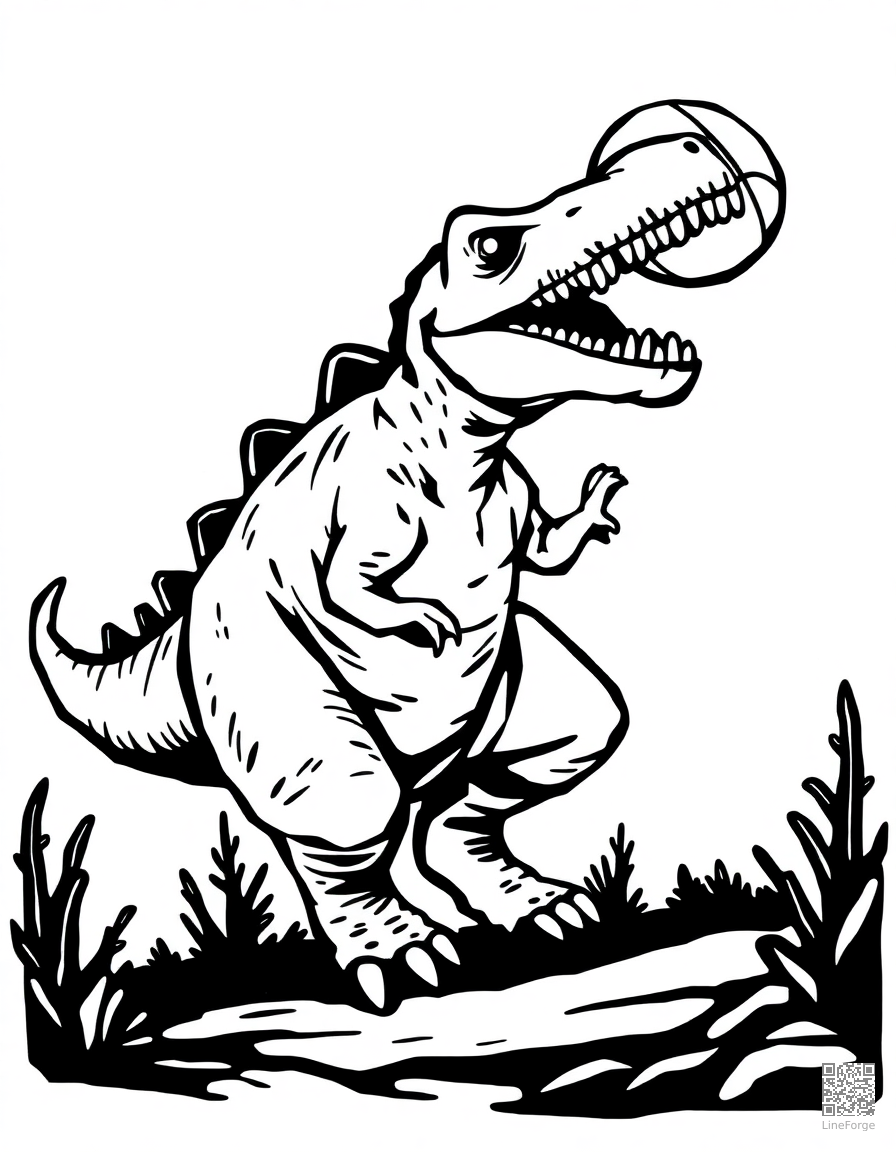 dinosaur playing basketball coloring page Woodcut style - free printable