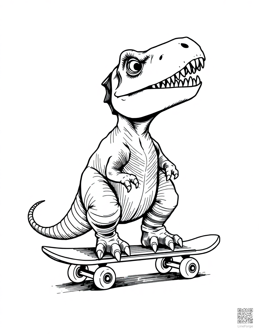 dinosaur riding a skateboard coloring page Crosshatch style - free printable