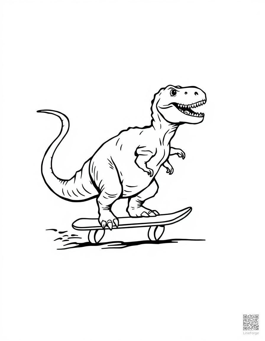 dinosaur riding a skateboard coloring page Woodcut style - free printable
