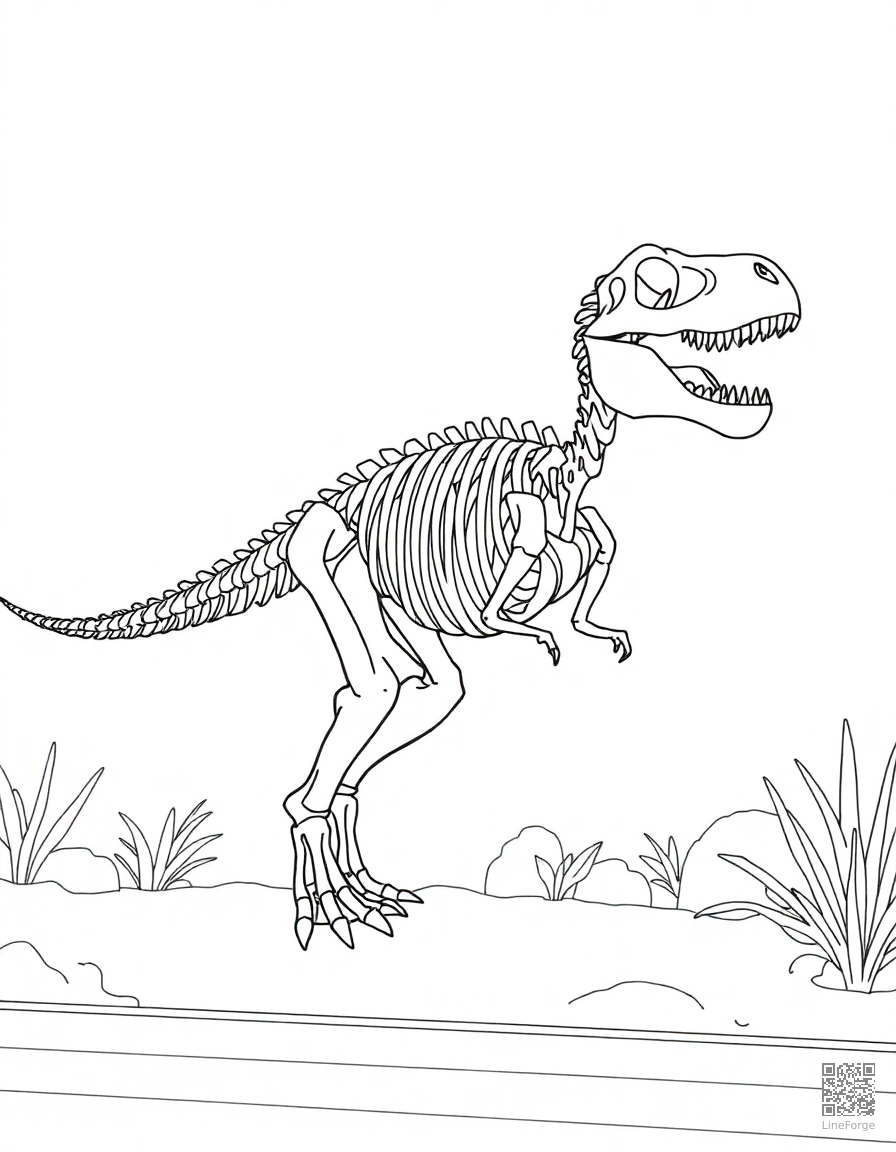 dinosaur skeleton in a museum display coloring page Contour style - free printable