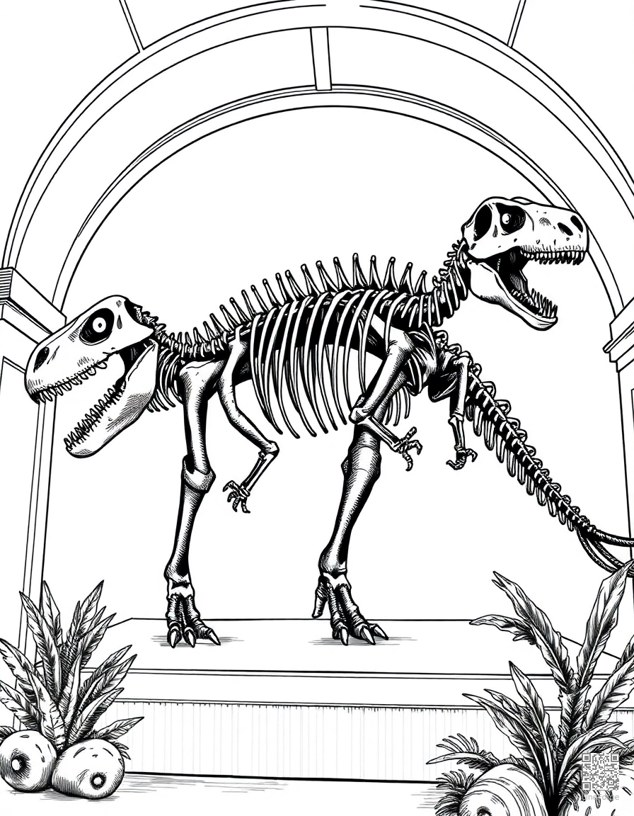 dinosaur skeleton in a museum display coloring page Crosshatch style - free printable