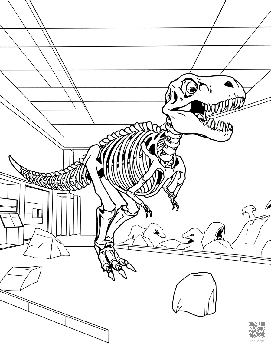 dinosaur skeleton in a museum display coloring page Manga style - free printable