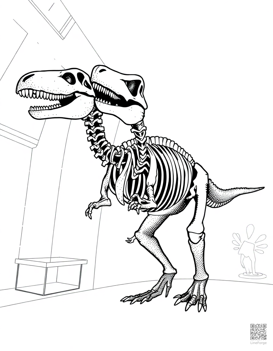 dinosaur skeleton in a museum display coloring page Stipple style - free printable