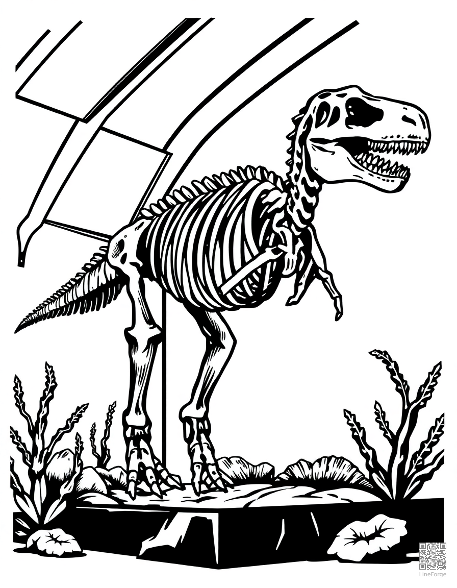 dinosaur skeleton in a museum display coloring page Woodcut style - free printable