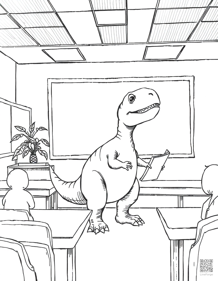 dinosaur teacher in a classroom coloring page Crosshatch style - free printable