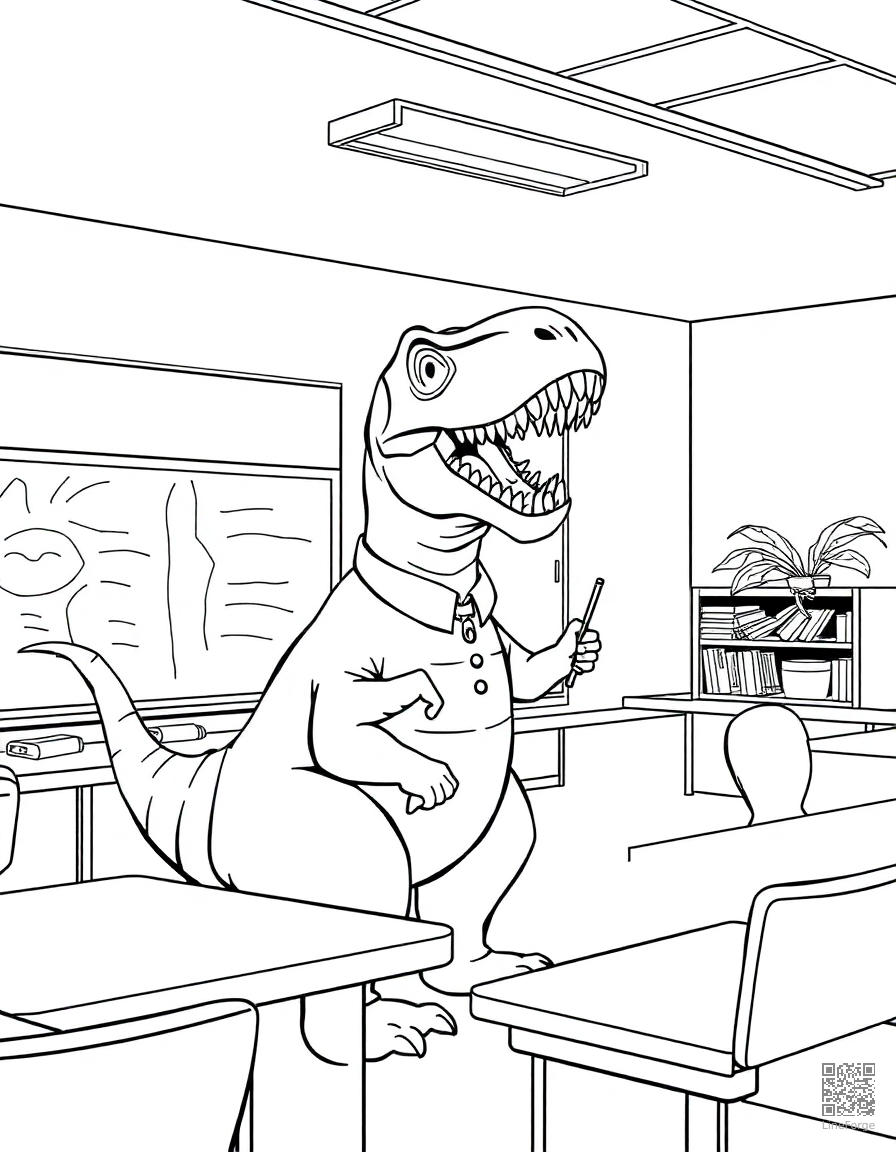 dinosaur teacher in a classroom coloring page Manga style - free printable