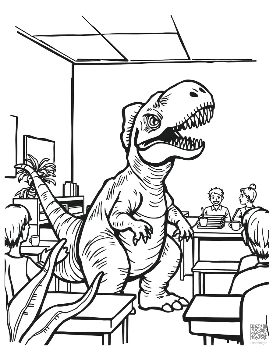 dinosaur teacher in a classroom coloring page Woodcut style - free printable