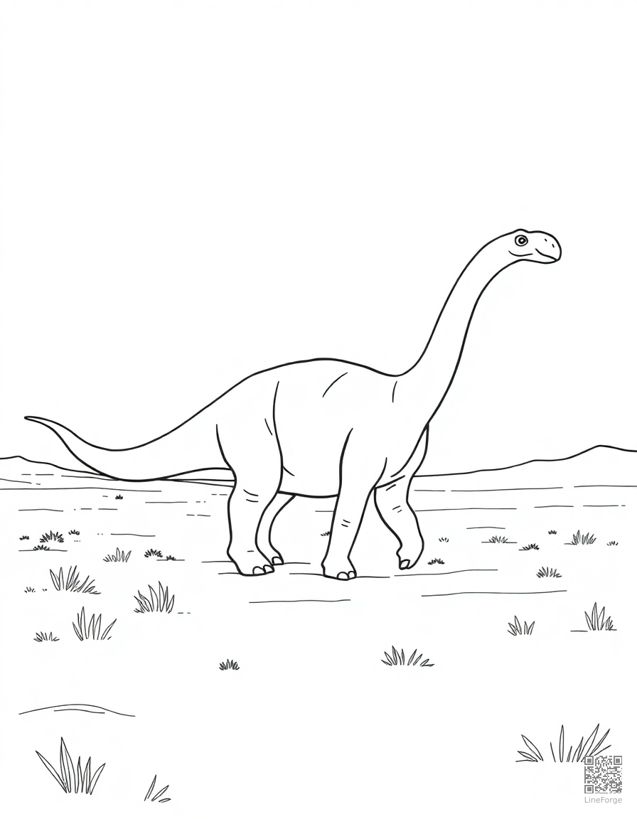 diplodocus walking across a vast plain coloring page Contour style - free printable