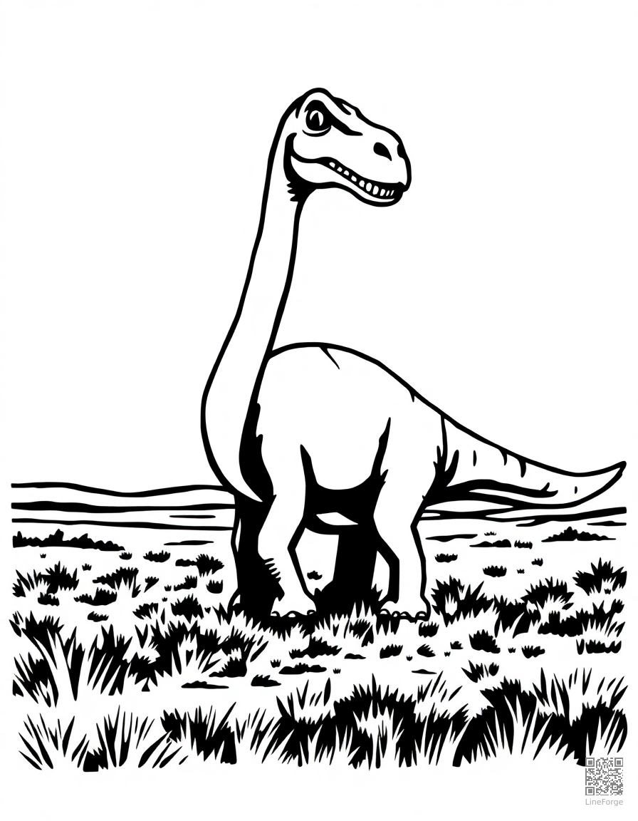 diplodocus walking across a vast plain coloring page Woodcut style - free printable