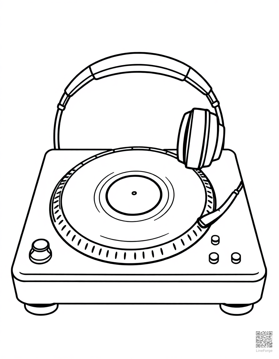 dj turntable with headphones coloring page Contour style - free printable