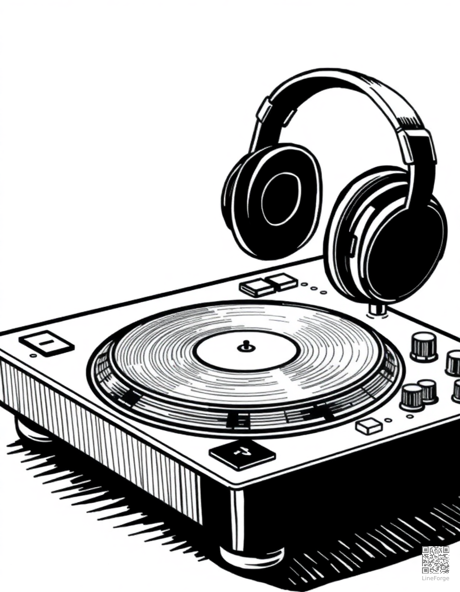 dj turntable with headphones coloring page Crosshatch style - free printable
