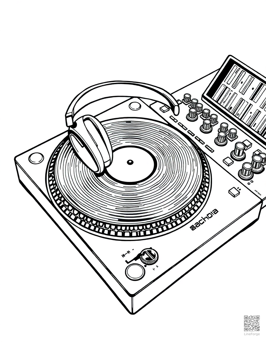 dj turntable with headphones coloring page Manga style - free printable
