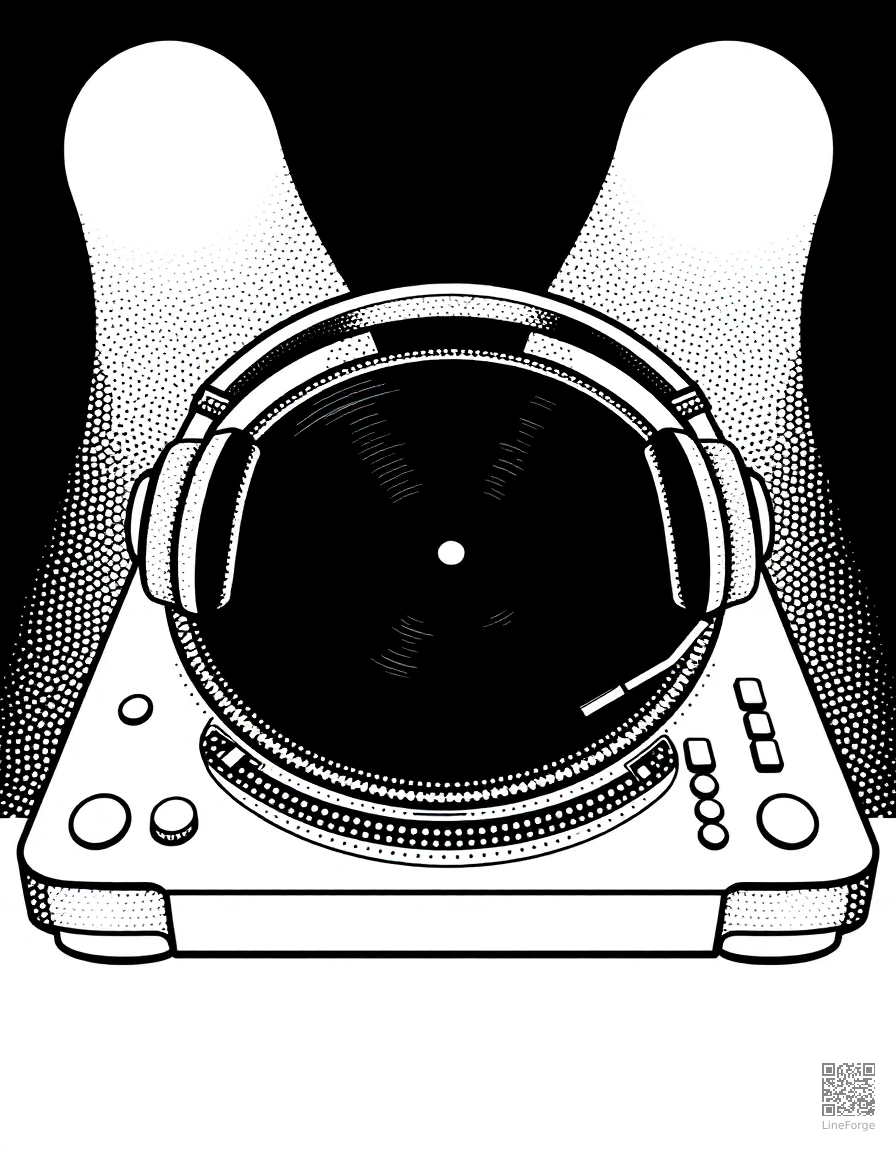 dj turntable with headphones coloring page Stipple style - free printable