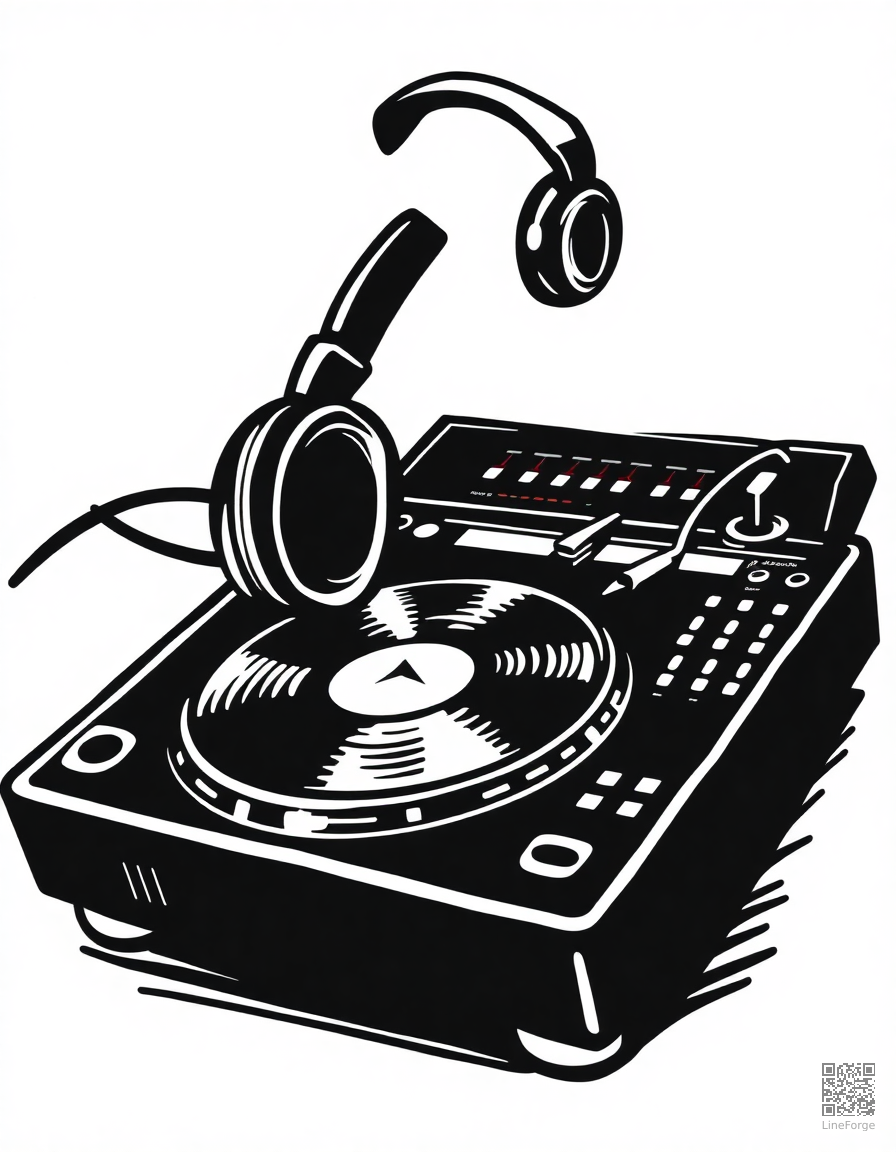 dj turntable with headphones coloring page Woodcut style - free printable