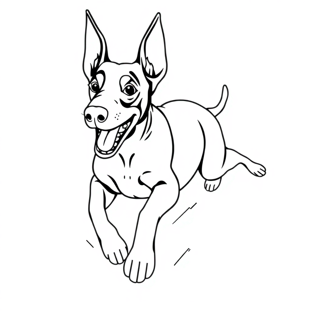 Doberman Pinscher dog — playing and running, energetic and joyful coloring page Contour style - free printable