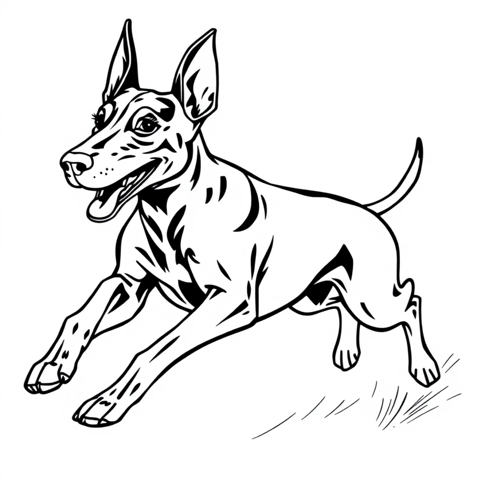 Doberman Pinscher dog — playing and running, energetic and joyful coloring page Manga style - free printable